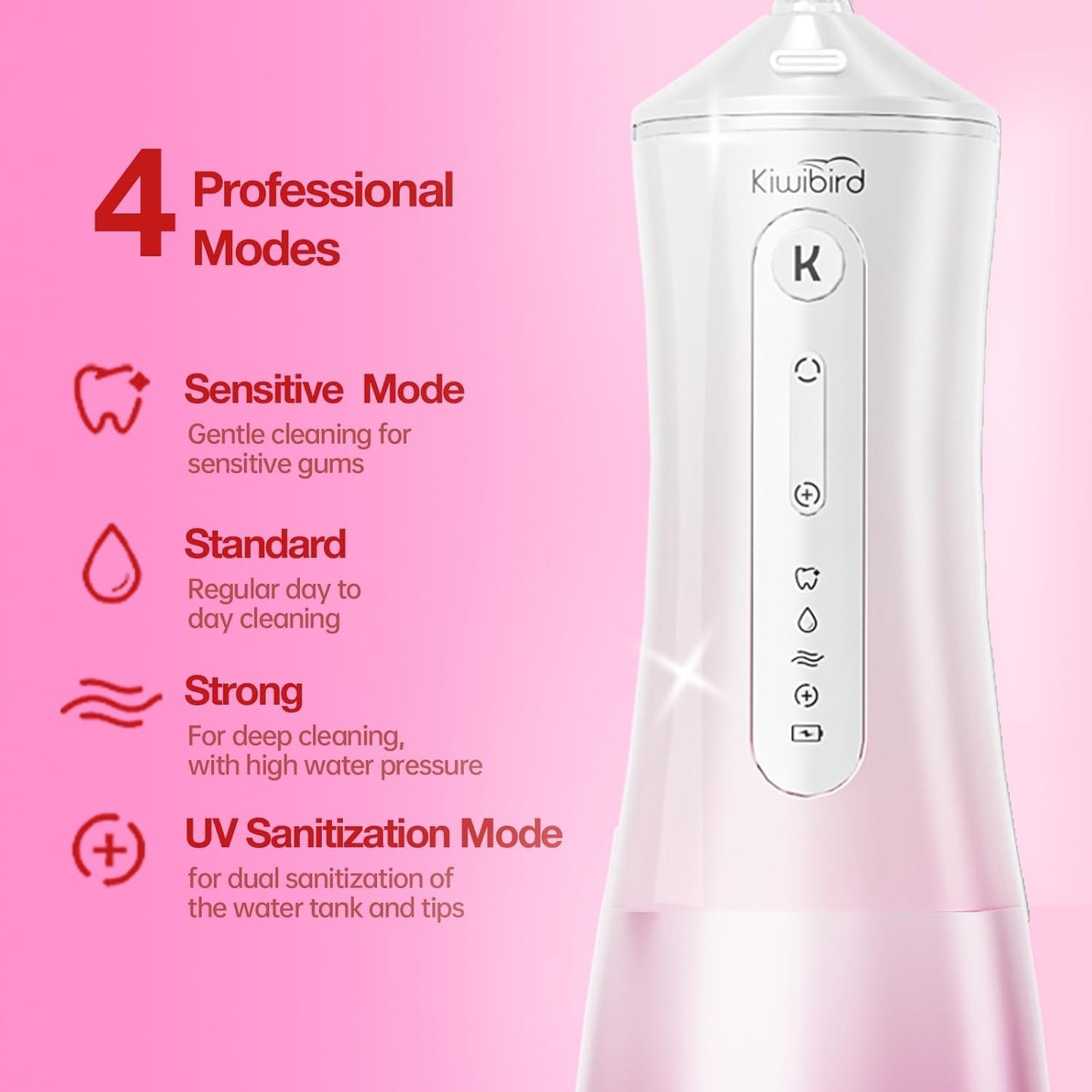 KIWIBIRD Water Dental Flosser with UV-C Sanitization, Cordless Oral Irrigator, 3 Modes & 4 Tips, 300ML BPA-Free Tank, 40-120PSI Portable Teeth Cleaner for Plaque, Home & Travel Use (Pink Ombre)