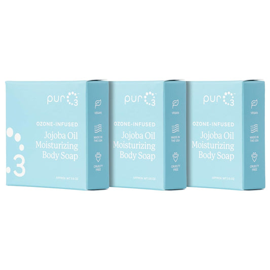 PurO3 Ozonated Jojoba Oil Soap 3-Pack – Handcrafted Organic Body Wash – Natural Vegan Bars for Women & Men – Gentle, Biodegradable, Non Toxic Cleanser for Shower & Bath, 3.5 oz Bar Set