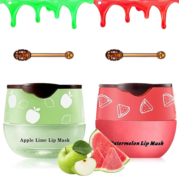 2 PCS Bee Lip Balm Honey Pot, Watermelon & Apple Lime Lip Sleeping Masks Overnight, Hydrating Prevention Dry and Cracked Lip Scrubs Exfoliator Lip Care, Reduces Lip Lines