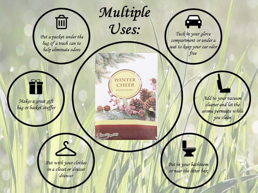 Floral Simplicity Winter Cheer Scented Sachets Pack of 3, Fall & Winter - Long-Lasting Scented Bags, Home Fragrance, Air Freshener & Deodorizer for Closet, Room, Drawer, or Cars, Made in USA