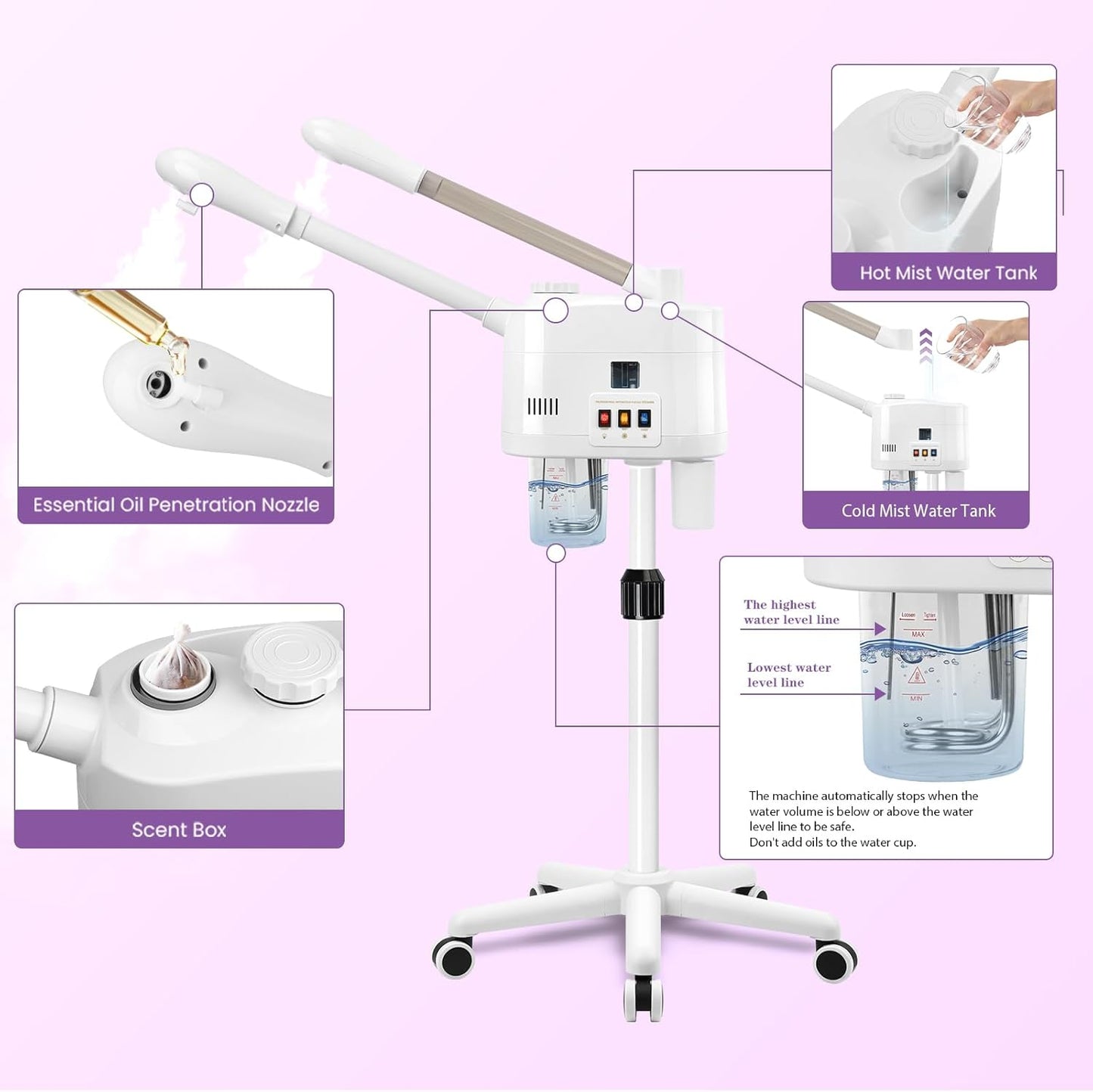 Professional Facial Steamer, 2 in 1 Facial Steamer for Cold Mist & Hot Mist & Timer Function, Stand Face Steamer Adjustable Height for Spa, Salon and at Home use