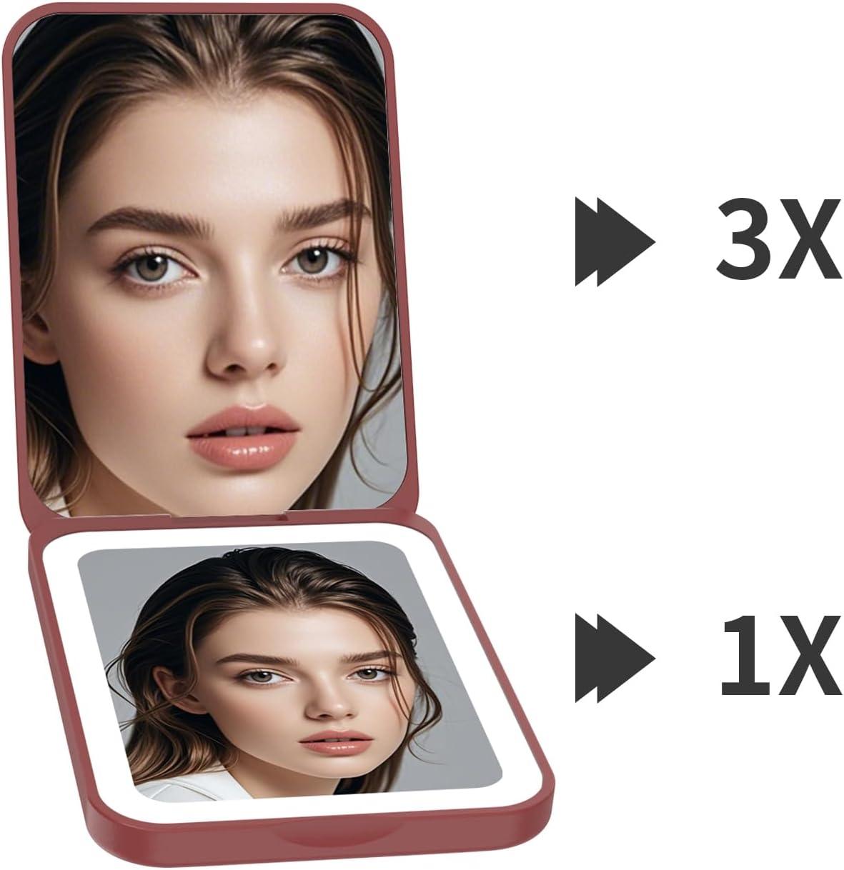 Kintion 2025 Pocket Mirror, Rechargeable Dimmable 3 Color Lighting 1X/3X LED Compact Travel Makeup Mirror for Purse, Portable, Folding, Handheld, Small Lighted Mirror for Women Gift, Wine Red