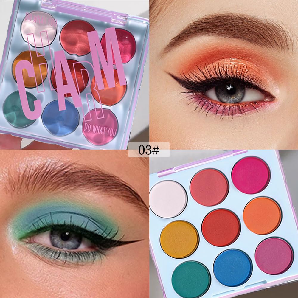 9-Color Bright Eyeshadow Palette – Vibrant Matte Rainbow Shades, Pink, Yellow, Green & Blue Tones, Long-Lasting, Waterproof, Blendable, Ideal for Party, Stage, or Trendy Everyday Makeup 03