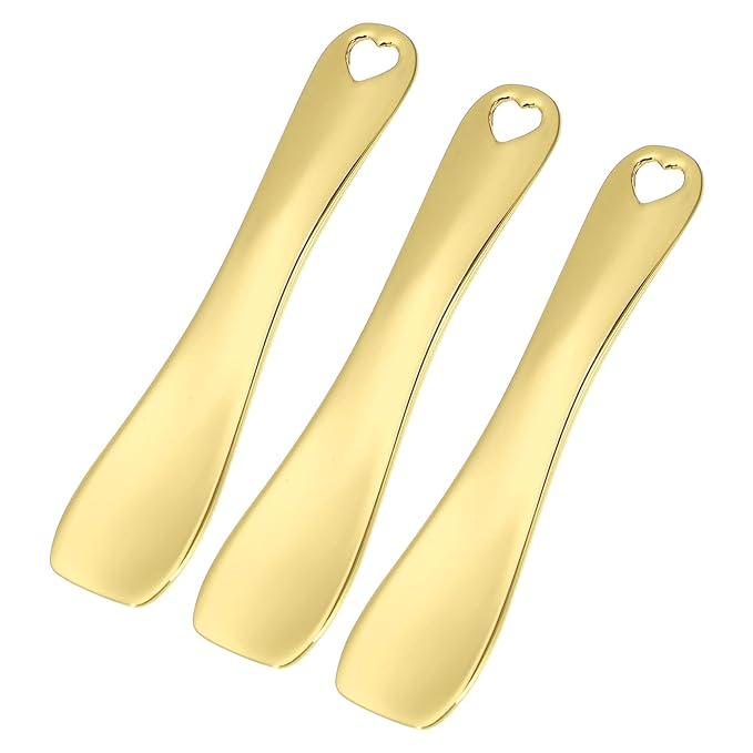 VOCOSTE 3 Pcs Makeup Spatula Mini Spoon, Eye Cream Massage Sticks Beauty Scoop, for Facial Cosmetic Face Cream, Zinc Alloy Heart Shape 2.36"x0.49", Gold Tone