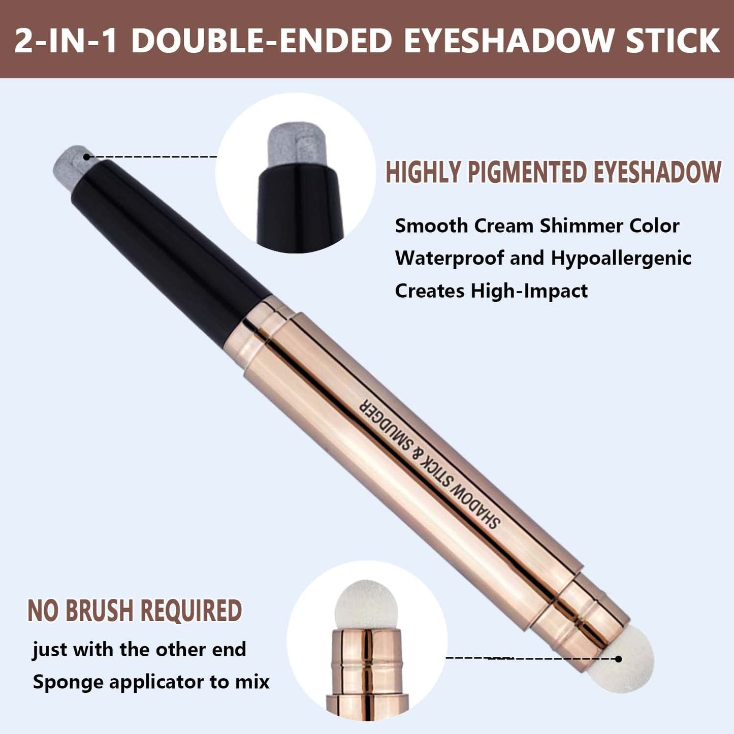 2 in 1 eyeshadow stick and Sponge Makeup Brush, Smooth Cream Shimmer Shadow Pencil Long Lasting Waterproof Eye Shadow Highlighter Stick Makeup , HypoallergenicHighlighter Multi-Dimensional eyes Look