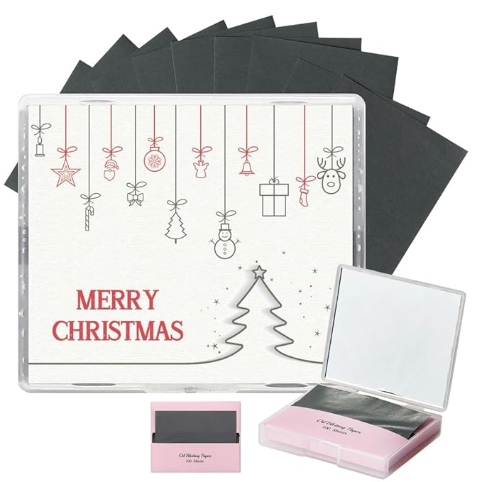 [200 Counts + Mirror Case] Christmas Edition Natural Bamboo Charcoal Oil Blotting Sheets for Face with Mirror Case