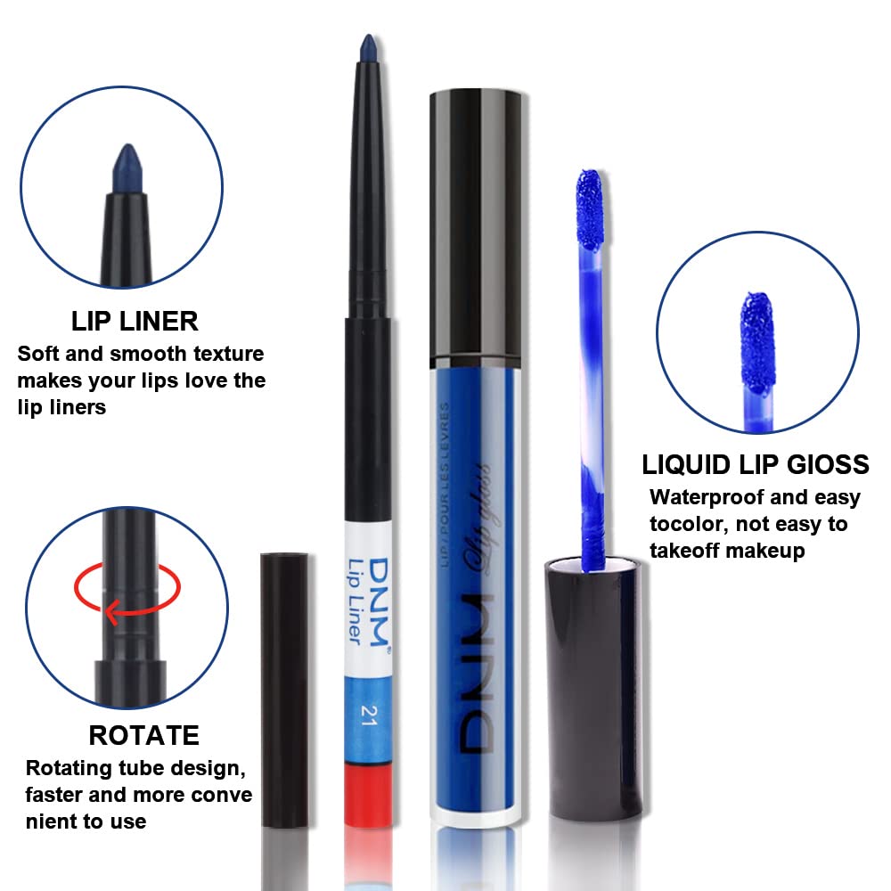 evpct 2Pcs Royal Light Blue Matte Liquid Lipstick and Lip Liner Pencil Makeup Set Blue Lipstick 24H and with Lip Liner Set Waterproof Long Lasting labiales mate 24 horas originales 21#