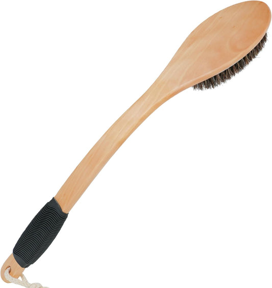 OWIIZI Horsehair Bath Brush Wooden Curved Long Handle Antiskid Shower Brush for Exfoliating, Natural Mane Scrubber for Back Use Wet or Dry,Back Scrub Deep Cleanse-17.2inches