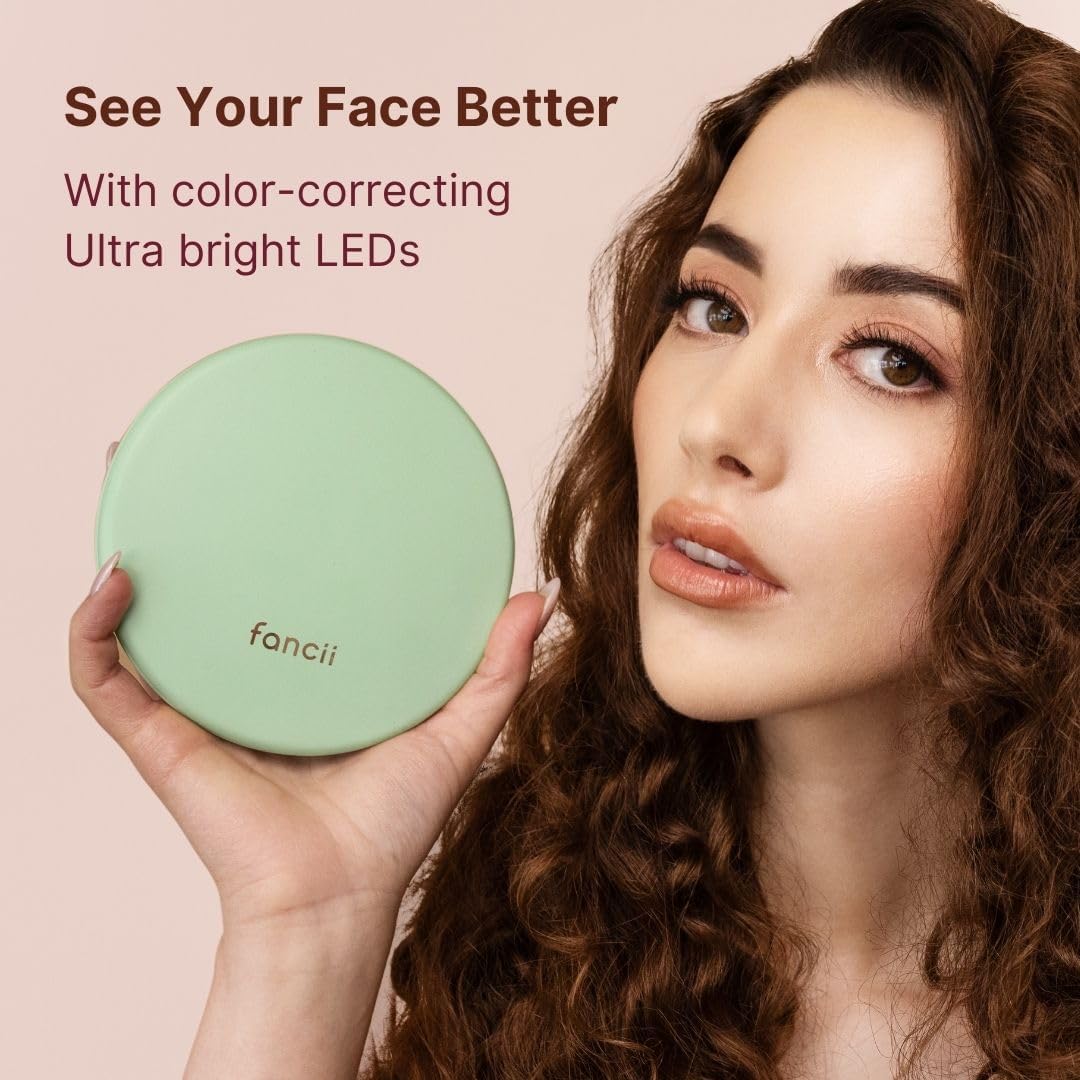 Fancii Taylor LED Lighted Compact Makeup Mirror, Rechargeable, 10x /1x Magnifying, 3 Light Settings, XL Large 5” Wide | Travel Mirror for Purses (Mint Green)