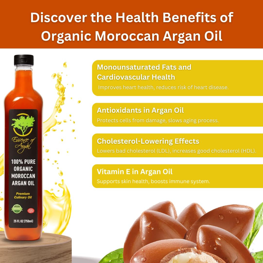 Essence of Argan Organic Moroccan Argan Oil for Cooking, Vegan Eco-Certified USDA-Approved Natural Argan Oil, Great Culinary Oil and Keto Dressing Rich in Nutrients, 25 Ounces