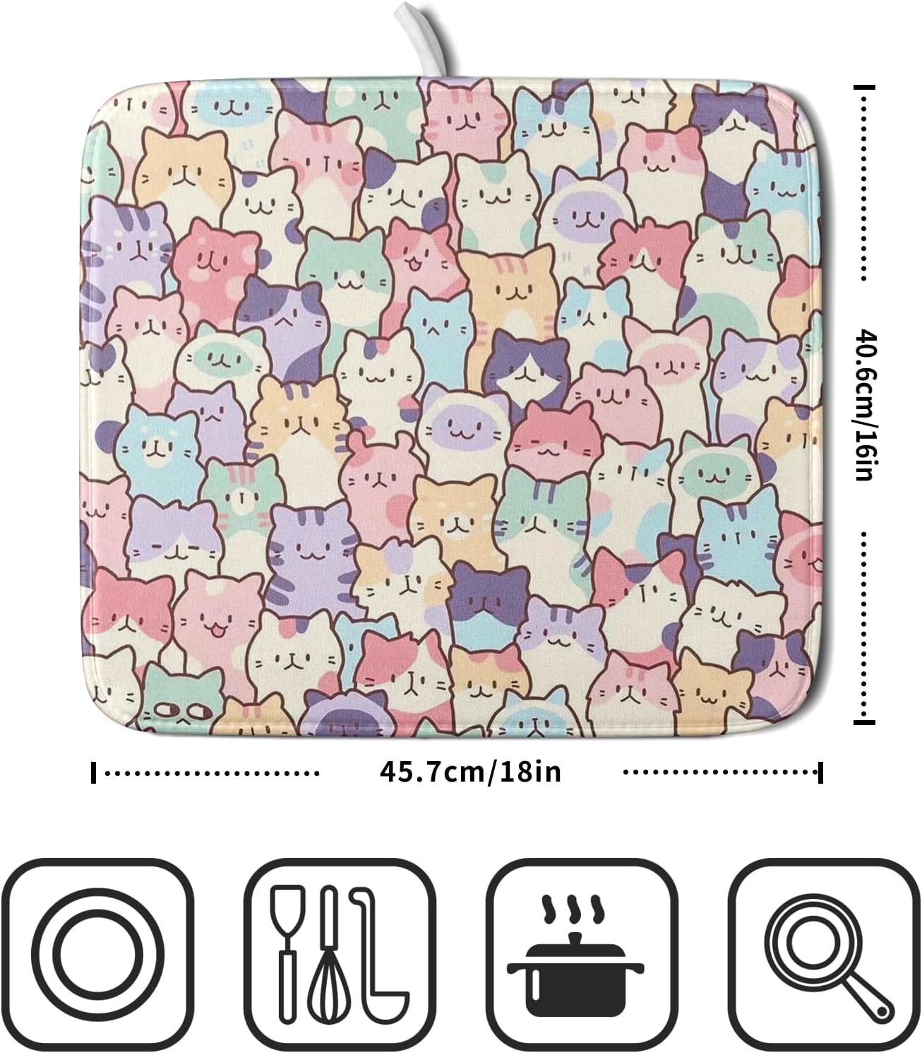 Colorful Cats Dish Drying Mat 16x18 inch Cute Animal Microfiber Reversible Fast Dry Dishes Drainer Rack Pad for Counter Kitchen Table Decor