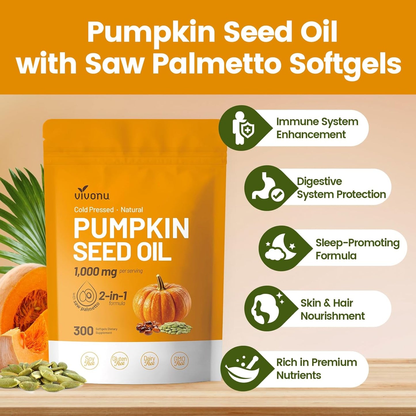 Pumpkin Seed Oil with Saw Palmetto Capsules | Cold Pressed, Pure Virgin Oil, Essential Fatty Acids & Phytosterols | 300 SoftgelsSupports Hair, Urinary, Bladder & Prostate Health | Non-GMO