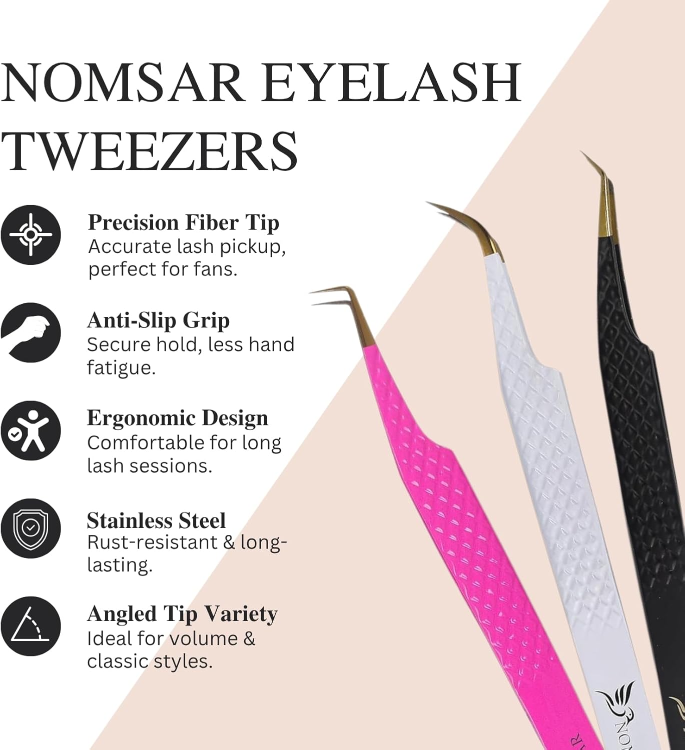 Eyelash Extension Tweezers – Precision Lash Isolation & Volume Tweezers | Stainless Steel, Anti-Static, Curved Tip for Professional Eyelash Extensions, Set of 3 (Pink)