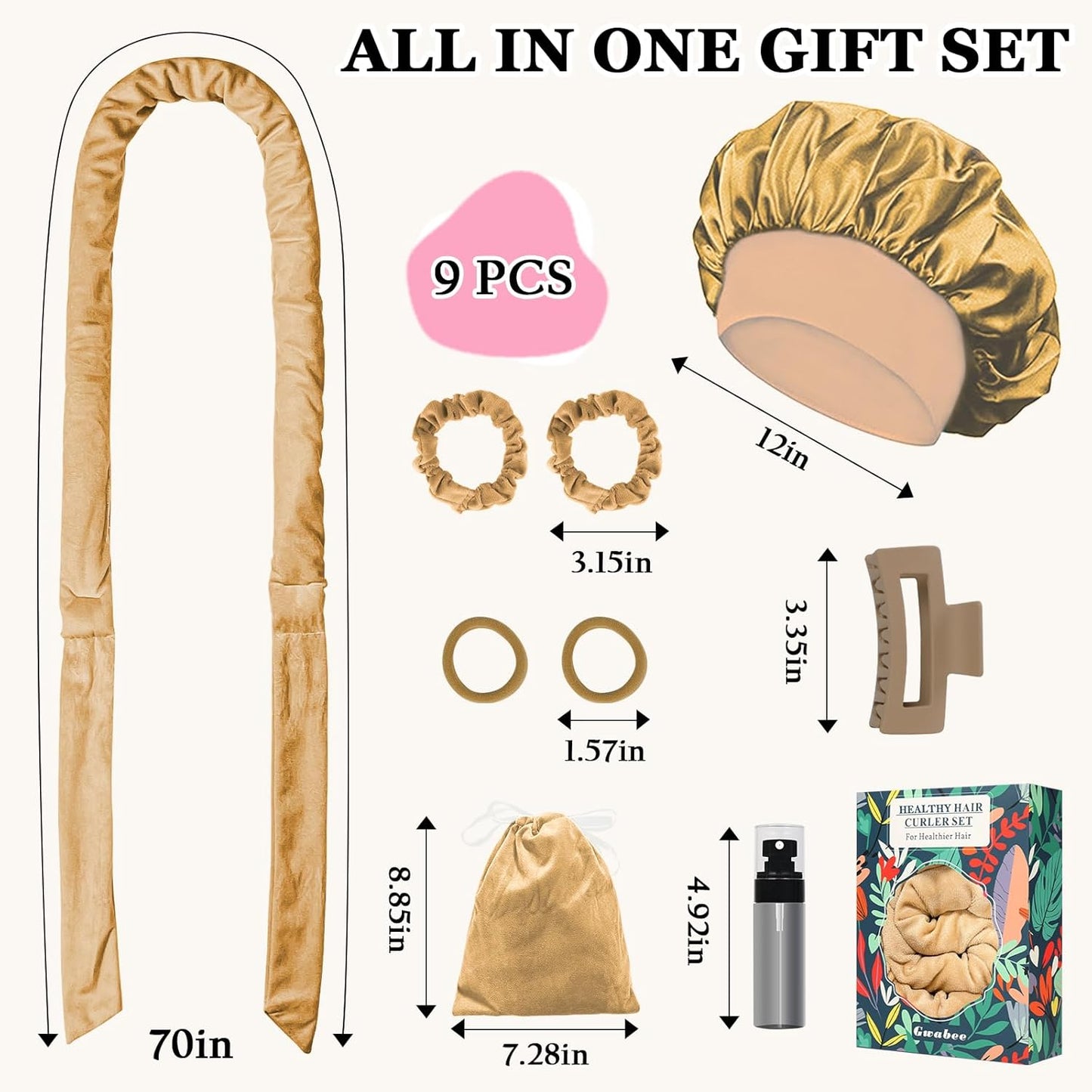 70" Soft Hair Curlers for Overnight Curls - No Heat Curl Wrap with 9 Rods for Long Hair, Khaki