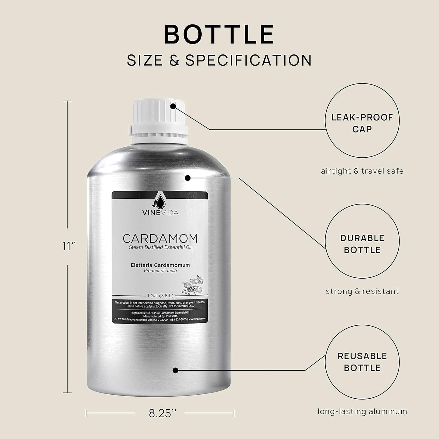 VINEVIDA Cardamom Essential Oil - Gallon Cardamom Oil Undiluted - Bulk Gallon Essential Oil for Soap Making Safe for Skin - DIY Candle Scents for Candlemaking Scents - 8 lbs Cardamom Oil