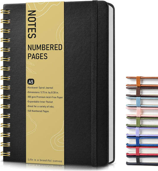 Lined Spiral Journal Notebook, A5 Hardcover Spiral Journals for Women Men, 150 Numbered Pages Spiral Bound Notebook, 100 GSM College Ruled Notebooks for Writing Note Taking Working 5.75" x 8.38" Black