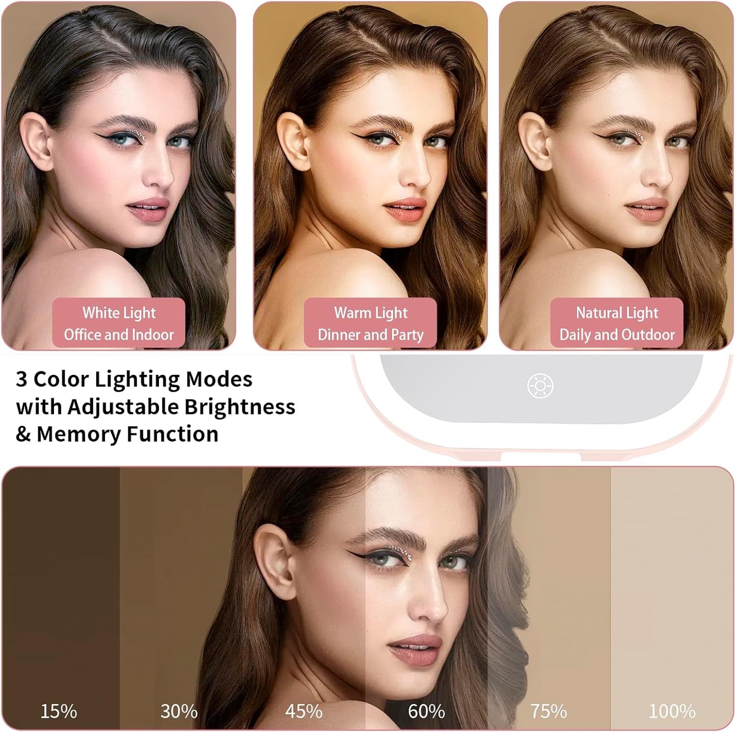 DESCHEN Rechargeable Travel Makeup Vanity Mirror with Lights and Magnification, Portable 1X/10X Magnifying Mirror with 3 Color Light, Lighted Makeup Mirror with Magnification, Folding LED Desk - Pink