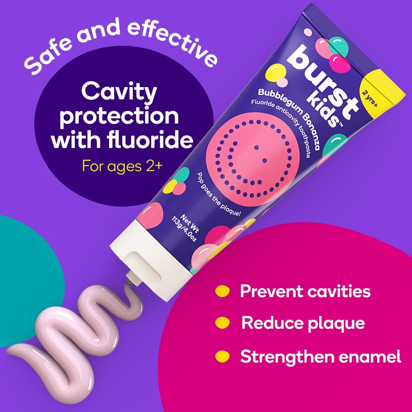 BURST Marshmallow Sparkle Kids Toothpaste with Fluoride (4oz) | Great Tasting | Flavored for Children & Toddlers | Anticavity | Dye Free & Vegan | Safe for Kids Ages 2+