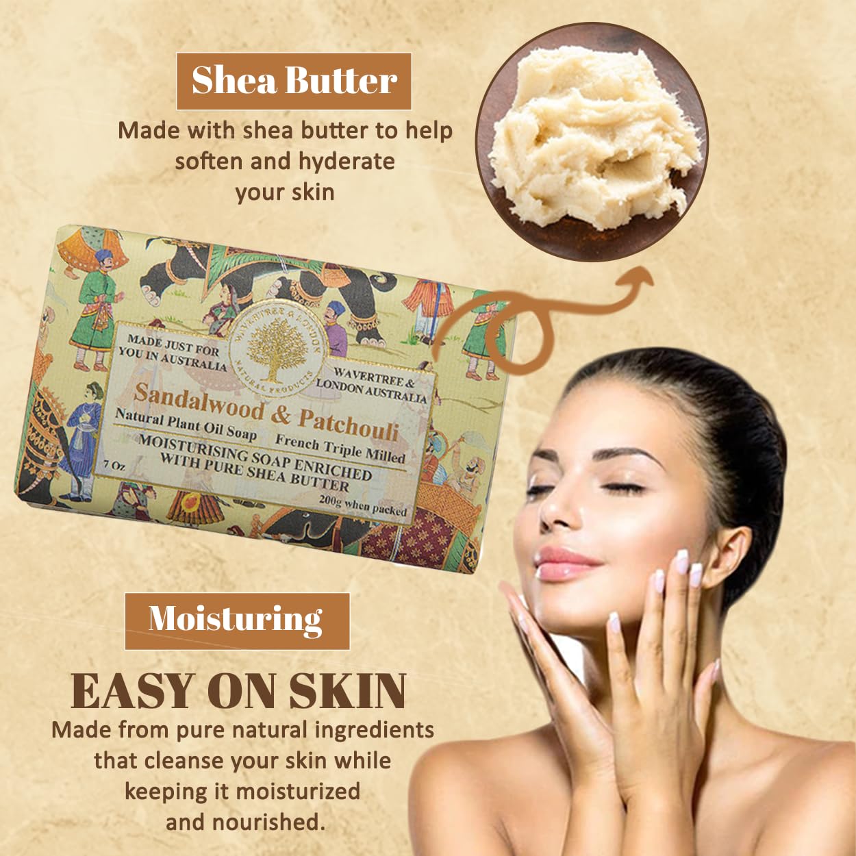 Wavertree & London Sandalwood & Patchouli Scented Natural Soap Bars (Pack of 8), 7oz Moisturizing French Triple Milled Soap Bars enriched with shea butter, Plant Based Safe for All Skin Types