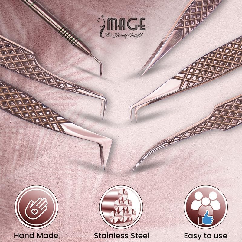 5 Pcs Fiber-Tip Japanese Steel Lash Tweezer Set with Leather Case, Professional Eyelash Tweezers for Lash Extensions – Titanium Coated, 90 & 45 Angled, Precision Pointed Tweezers (METALIC-ROSE)