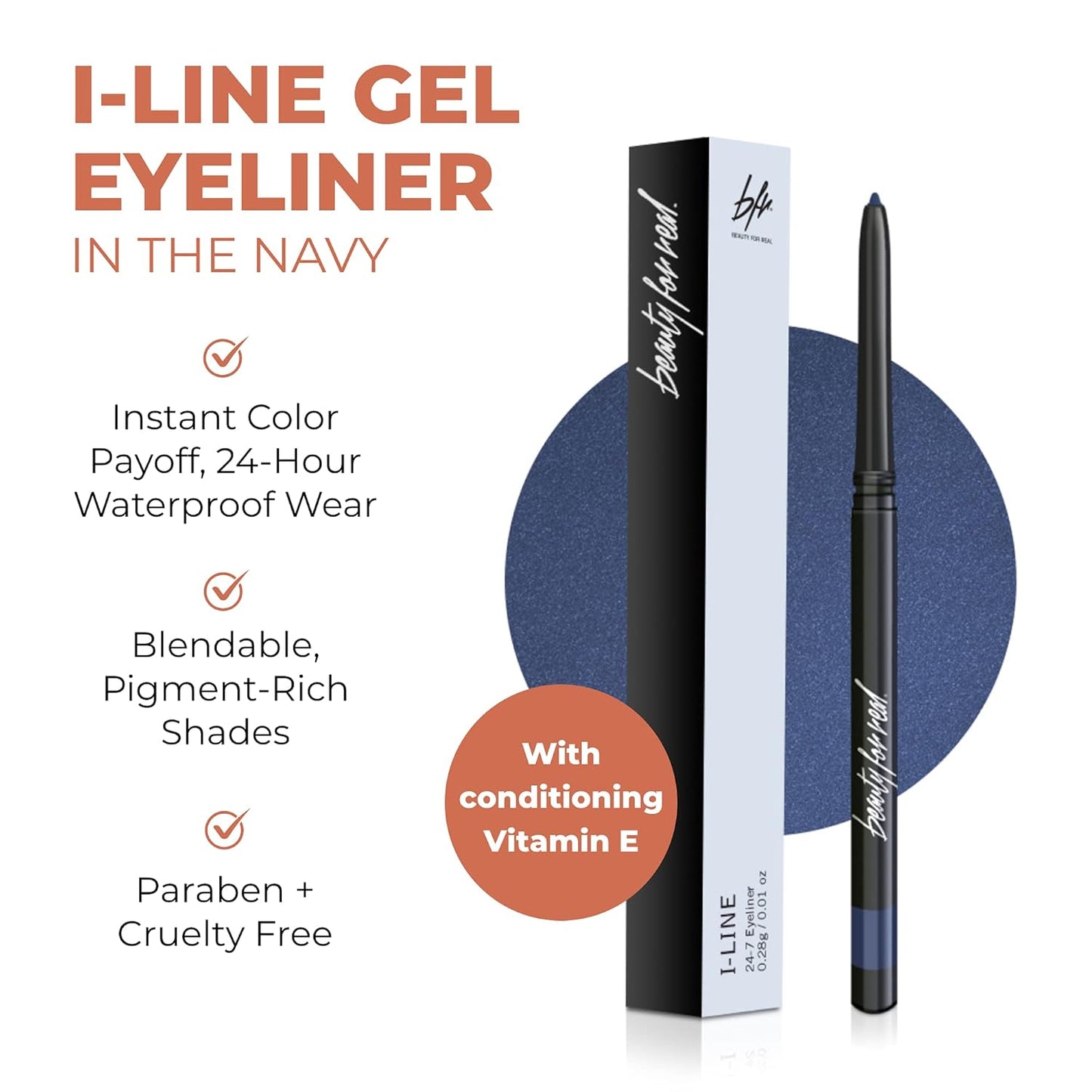 Beauty For Real I-Line 24-7 Waterproof Gel Eyeliner, In The Navy, Rich Blue Matte, Cruelty Free Blendable Gel Formula for Precision Application, 0.01oz