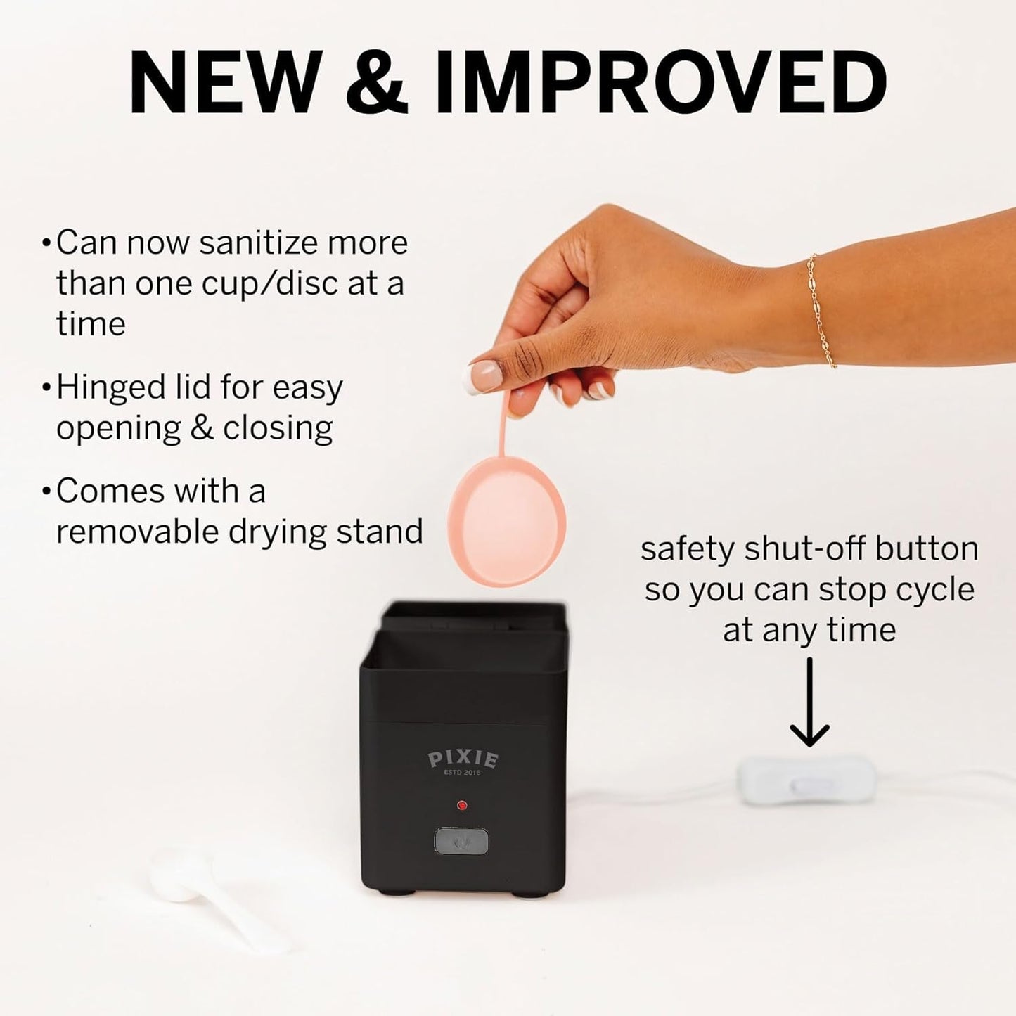 Pixie Menstrual Cup Sterilizer - Ranked 1 for The Best Steamer - Kills 99.9% of Germs with Cleaner Steam - Wash Your Period Disc or Cup in 3 Minutes! - Automatic Timing Shut-Off Switch