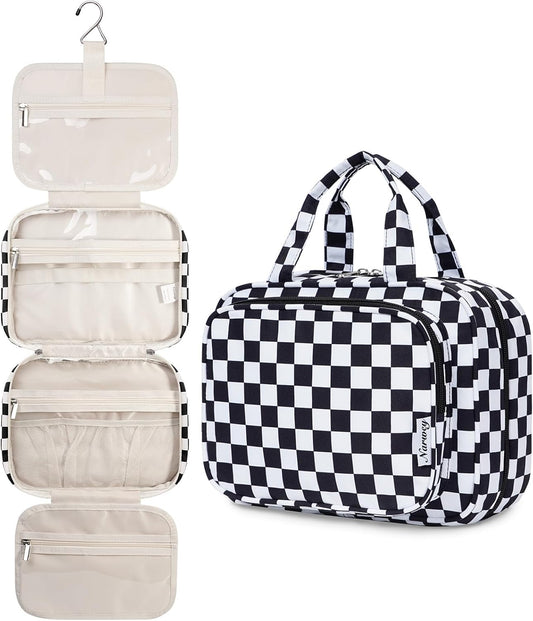 Narwey Hanging Toiletry Bag for Women Travel Makeup Bag Organizer Toiletries Bag for Travel Size Essentials Accessories Cosmetics (Black Checkerboard (Medium))