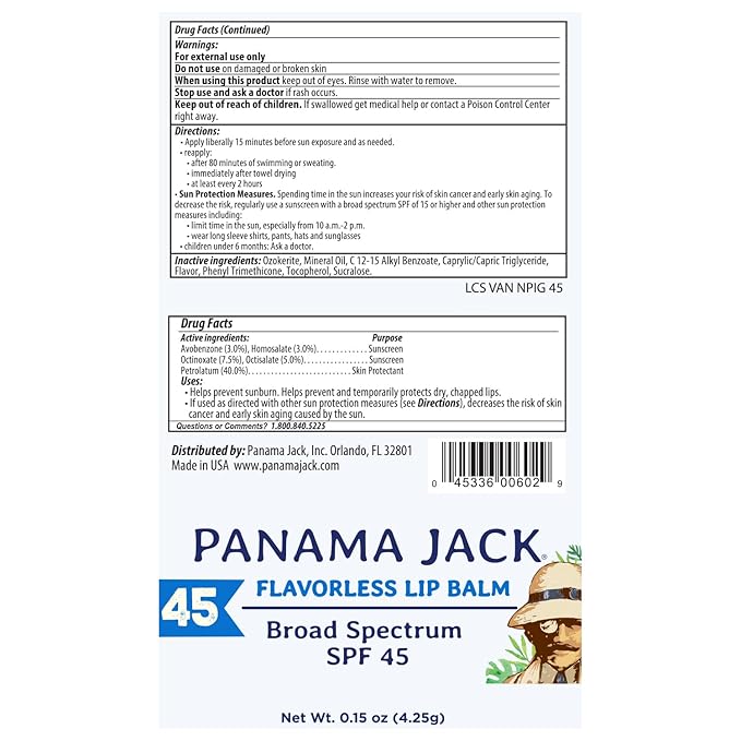 Panama Jack Sunscreen Lip Balm - SPF 45, Broad Spectrum UVA-UVB Sunscreen Protection, Prevents & Soothes Dry, Chapped Lips