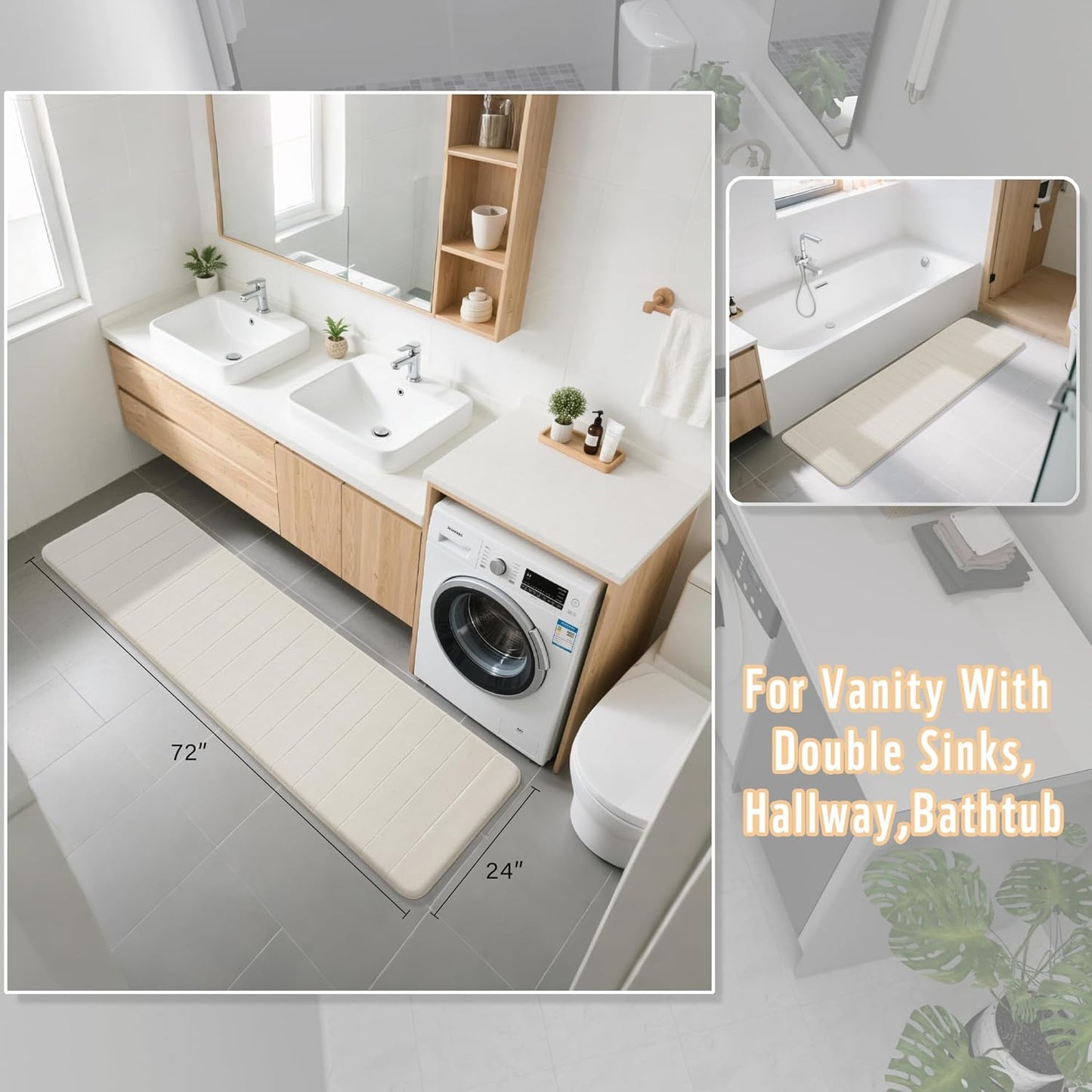 Yimobra Bathroom Runner Rugs 72"x24" Non Slip Washable Memory Foam Bath Mat, Super Soft Water Absorbent Hallway Carpet for Vanity Tub Shower, Cream