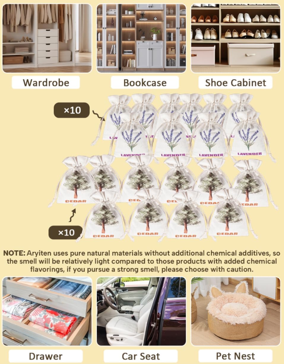 20 Pack Cedar Chips and Natural Dried Lavender Sachets Bags - Stop Clothes Damage, Cedar and Lavendar Home Fragrance Sachets for Drawers and Closets