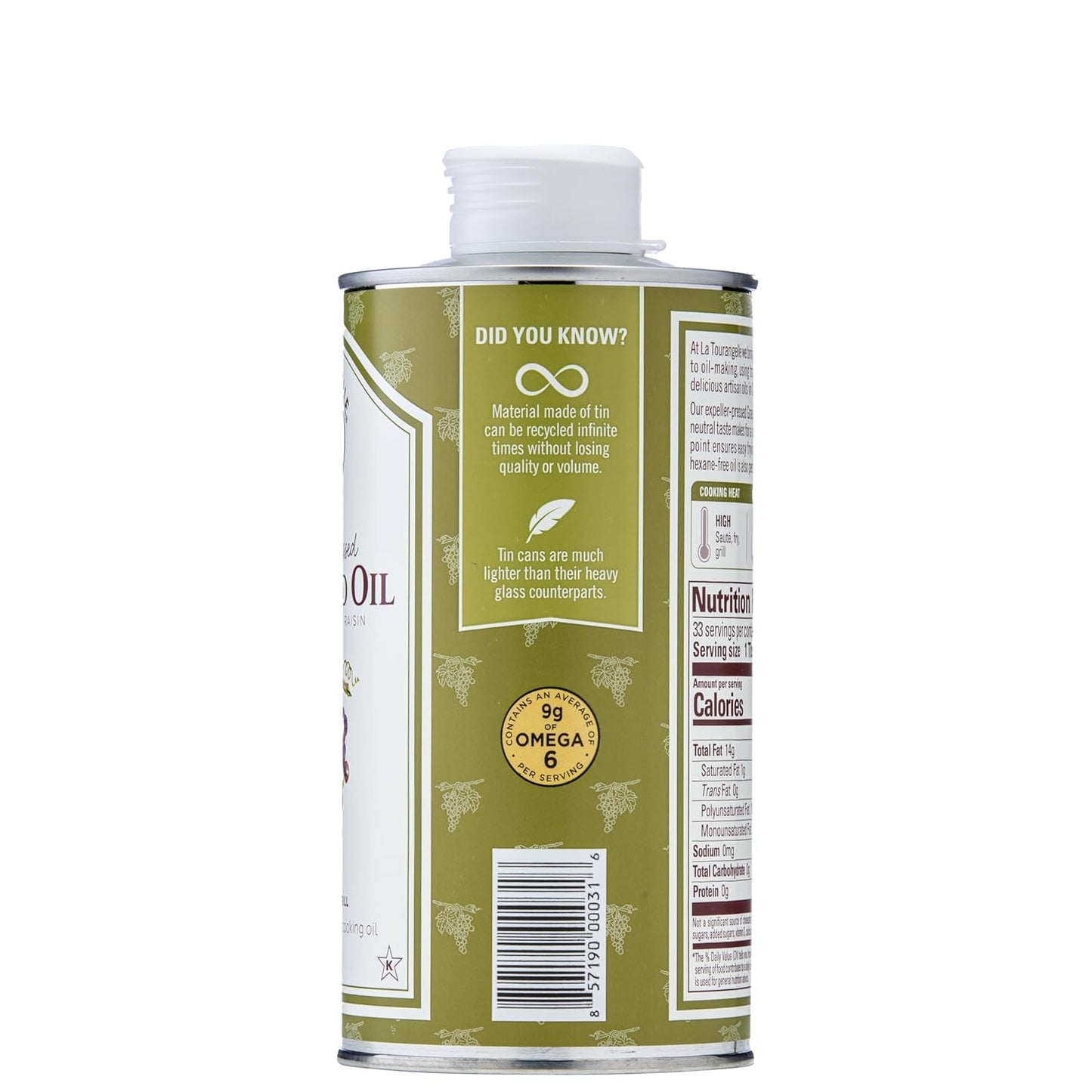 La Tourangelle, Expeller-Pressed Grapeseed Oil, High Heat Neutral Cooking Oil, Cast Iron Seasoning, Also Great for Skin, Hair, and DIY Beauty Recipes, 16.9 fl oz