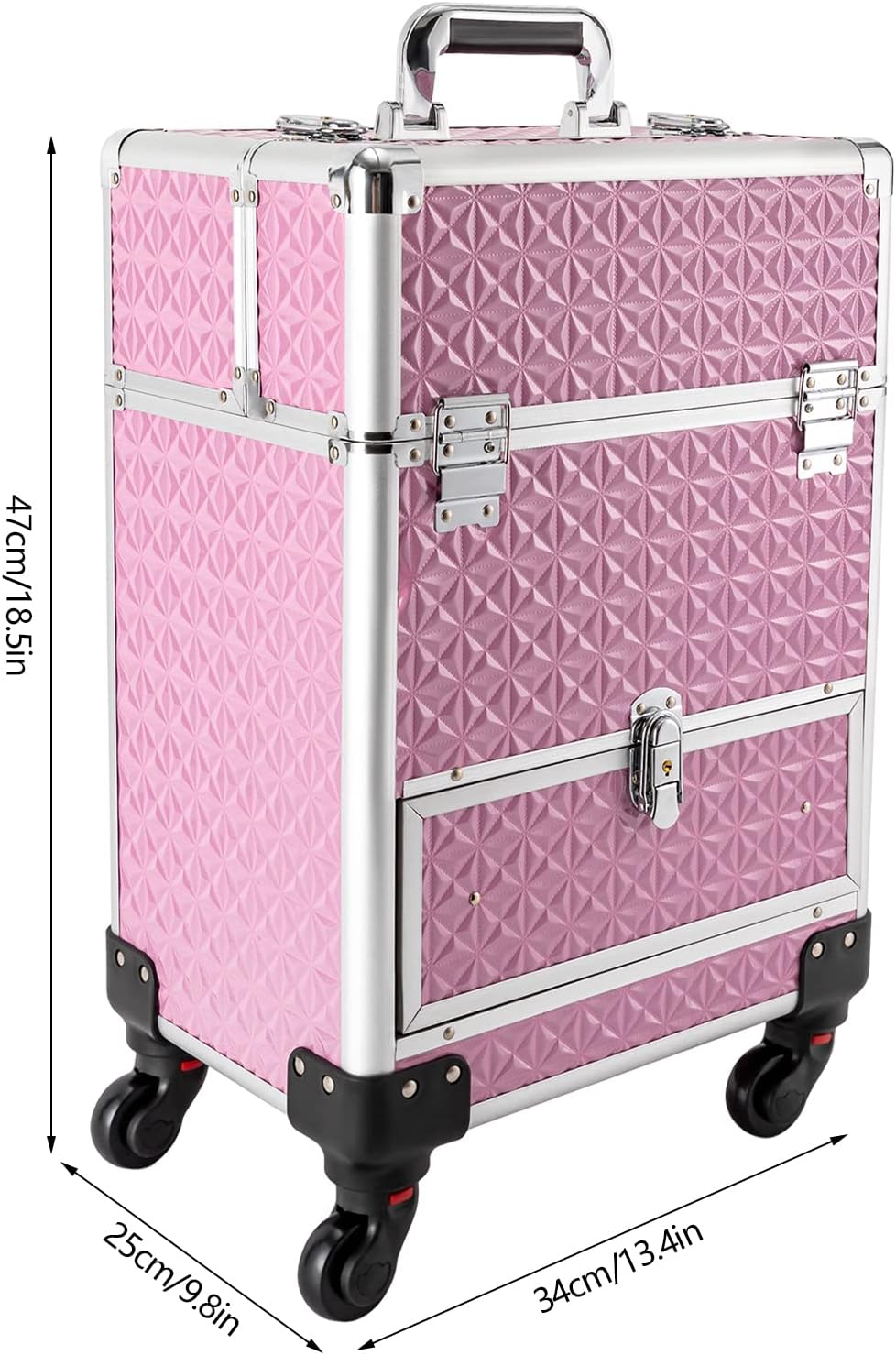 Rolling Makeup Train Case Professional Cosmetic Organizer Large Capacity Trolley Makeup Travel Case with 360° Swivel Wheels for Makeup Artist (Pink)