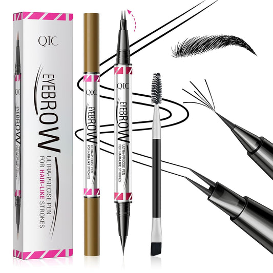 Microblading Eyebrow Pencils for Women - Eyebrow Pen 2-in-1 Dual-Ended Eye Brow Pencil with Precise 2-Fork-Tip & Brush-Tip Waterproof Eyebrow Pen for Hair-Like Brows, Last All Day, Black