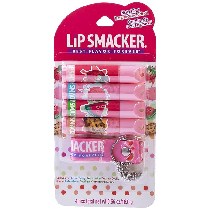 Lip Smacker Flavored Lip Balm & Pink Lanyard Set | Strawberry, Cotton Candy, Watermelon, Oatmeal Cookie Flavors | For Kids | Stocking Stuffer | Christmas Gift | Set of 4