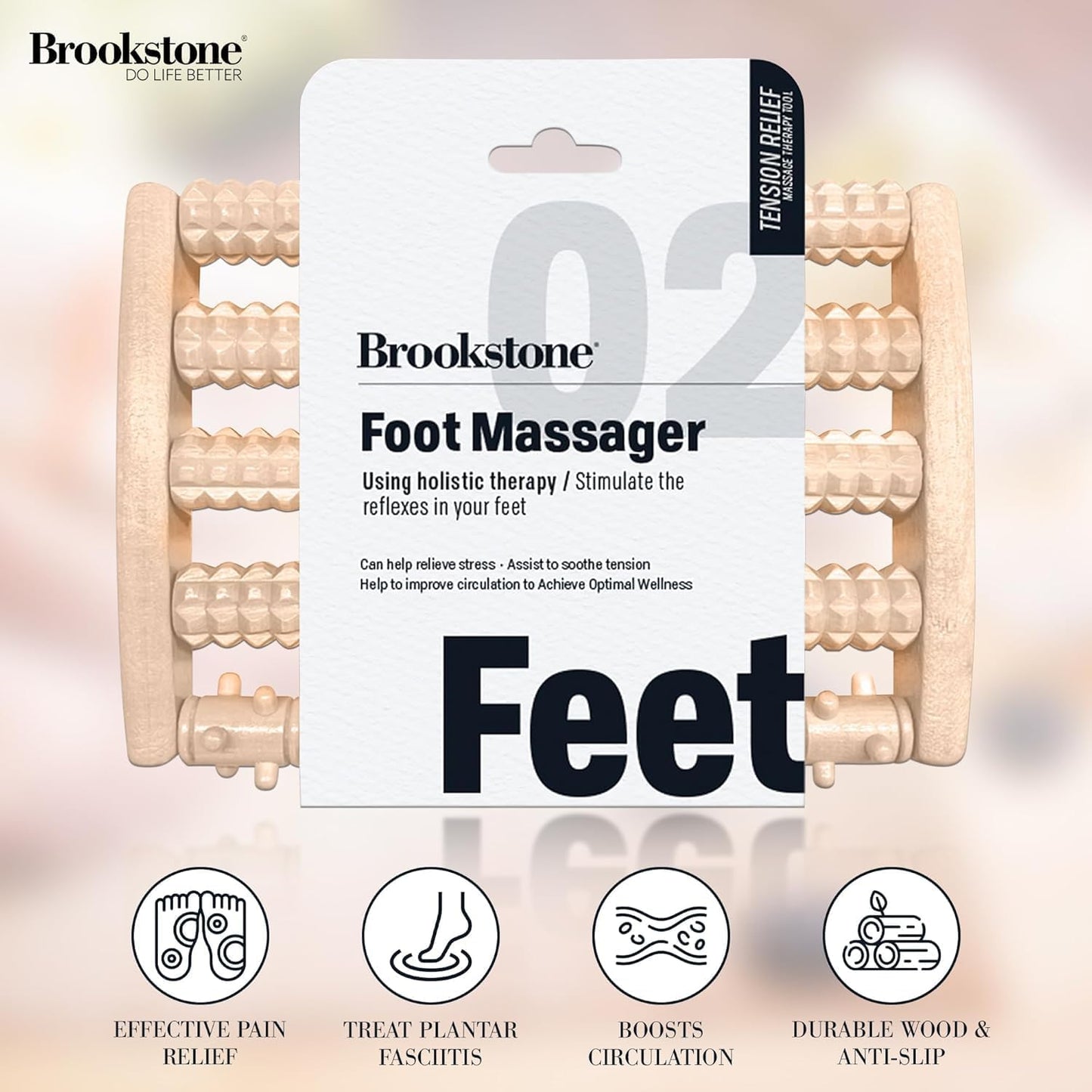 Brookstone Wooden Foot Roller Massager - Deep Tissue Reflexology & Trigger Point Therapy for Plantar Fasciitis, Arch & Heel Pain Relief - Portable Manual Massager, Ideal Gift for Home or Travel
