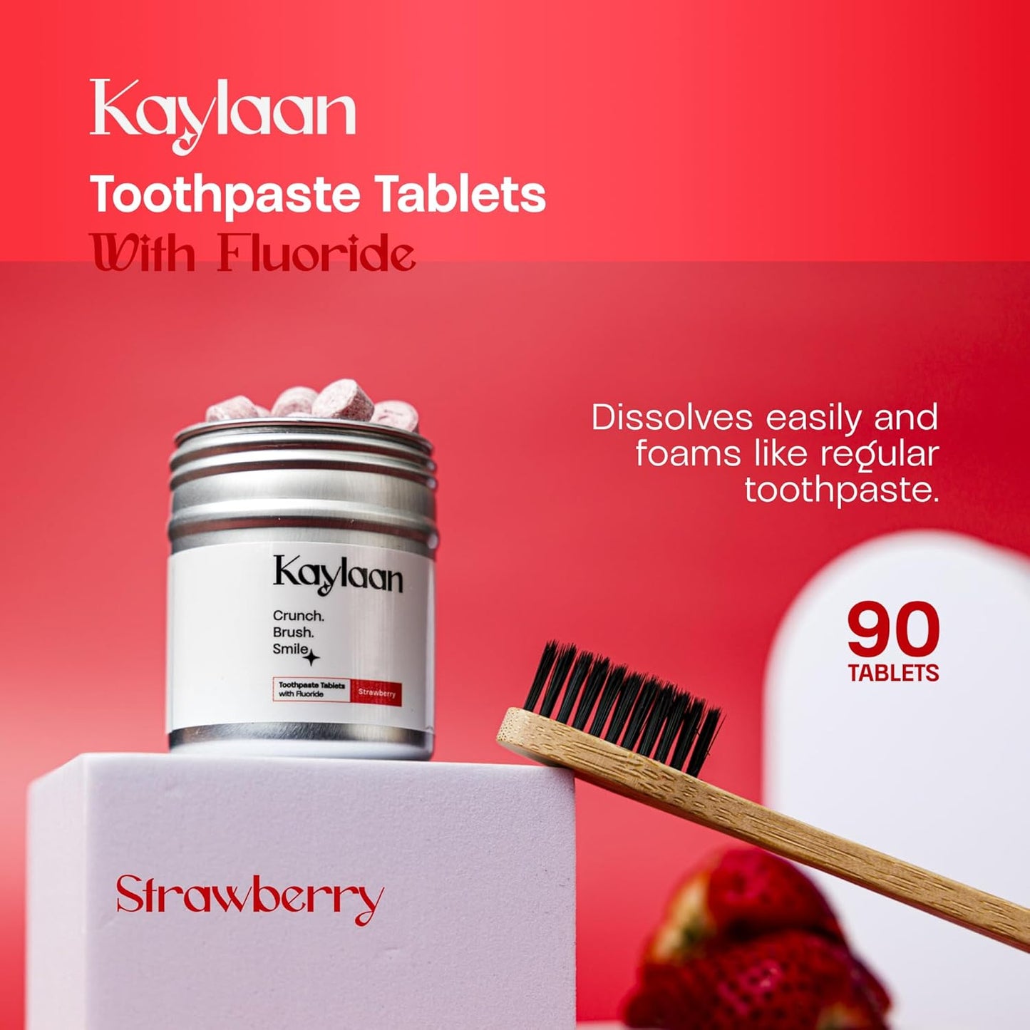 Kalyaan Kids Toothpaste Tablets with Fluoride | Whitening, Sensitivity Relief & Cavity Protection | Chewable, Plastic-Free, Travel-Friendly - Strawberry, 90 Count, Made in USA