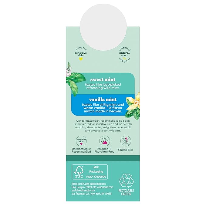eos 100% Natural Lip Balm- Vanilla Mint & Sweet Mint, All-Day Moisture, Recyclable Carton, 0.14 oz, 2-Pack