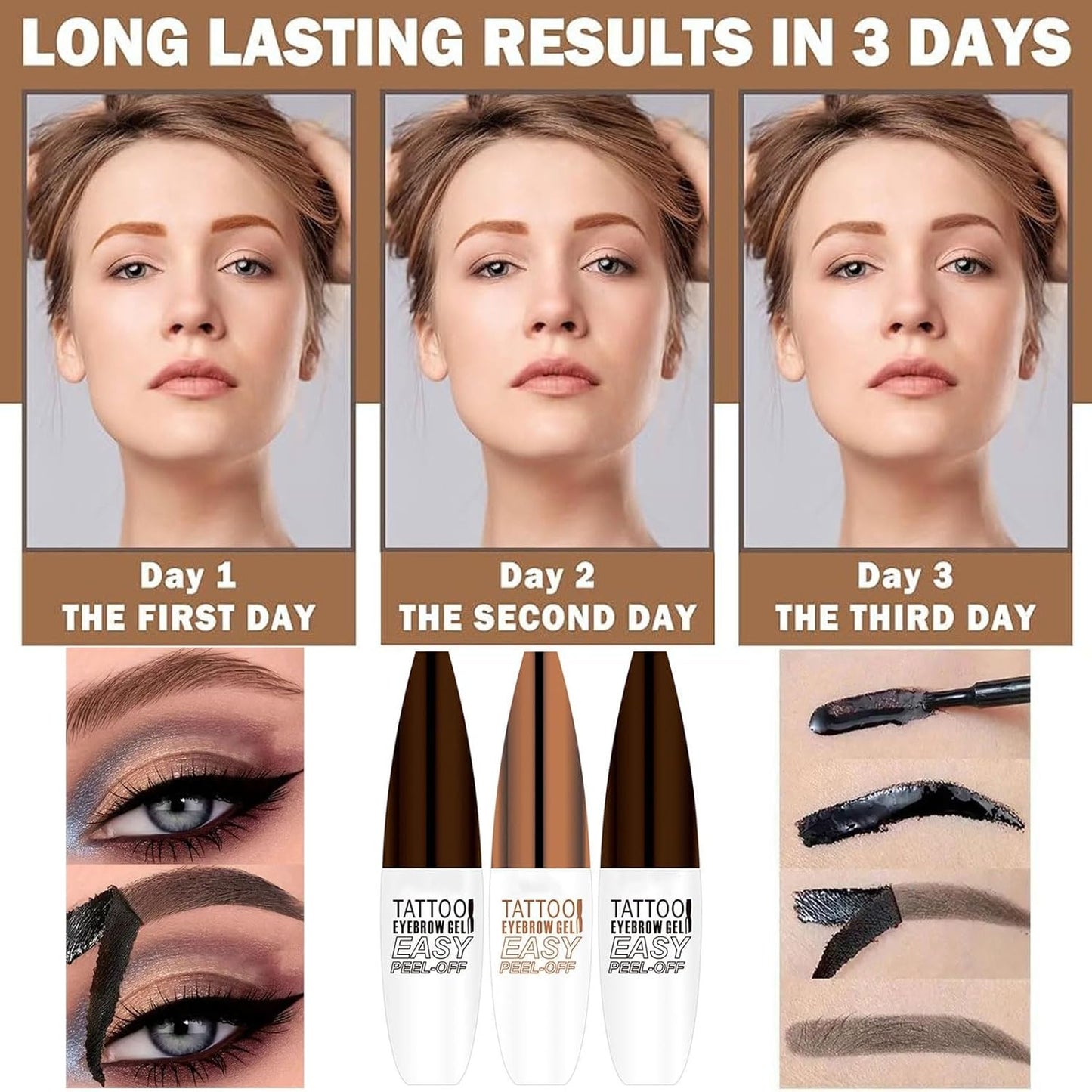 Tattoo Peel Off Eyebrow Gel Tint, Long Lasting Brow Tint, Transfer Proof and Waterproof Tint Peel Off Brow Gel, Last Up to 3 Days, For Fuller & Defined Brows Makeup, Light Brown