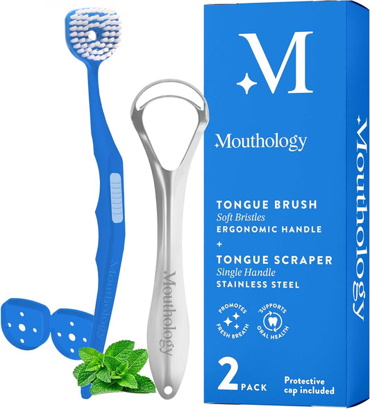 Mouthology Tongue Brush & Tongue Scraper (Combo Pack), Reduce Bad Breath & Improve Oral Hygiene, Tongue Scraper Brush for Adults Ergonomic Handle & Protective Cap, Tongue Cleaner