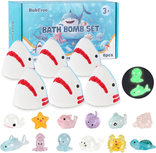 Bath Bombs for Kids, Organic Natural Shark Bath Bomb with Toys Inside, Boys Girls Bath Bomb with Surprise Inside, Bubble Bath Fizz for Kids, 6 Pack