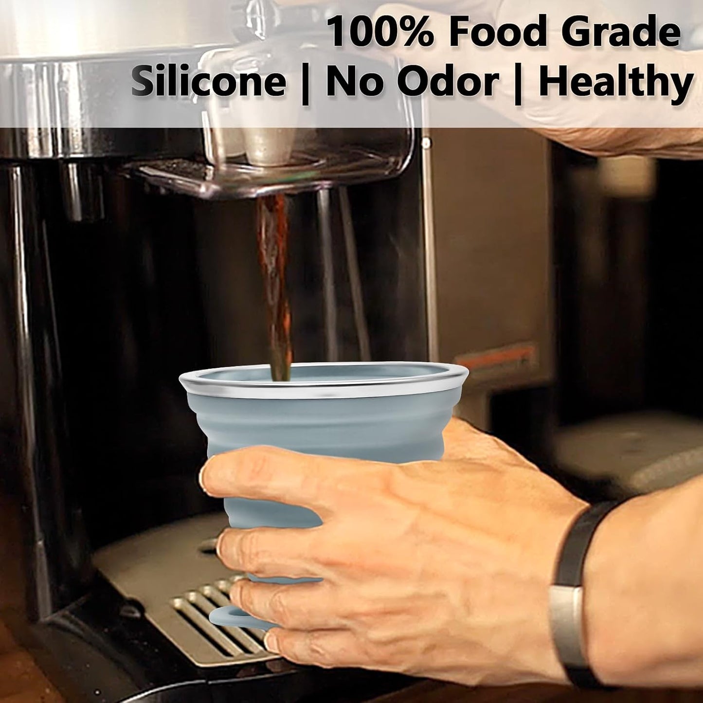 Litoexpe 4 Pack Silicone Collapsible Travel Cup Portable Folding Camping Cup Sets with Lids, Mint Green & Light Gray & Mustard Yellow & Light Brown, Capacity 9.22oz (270ml)