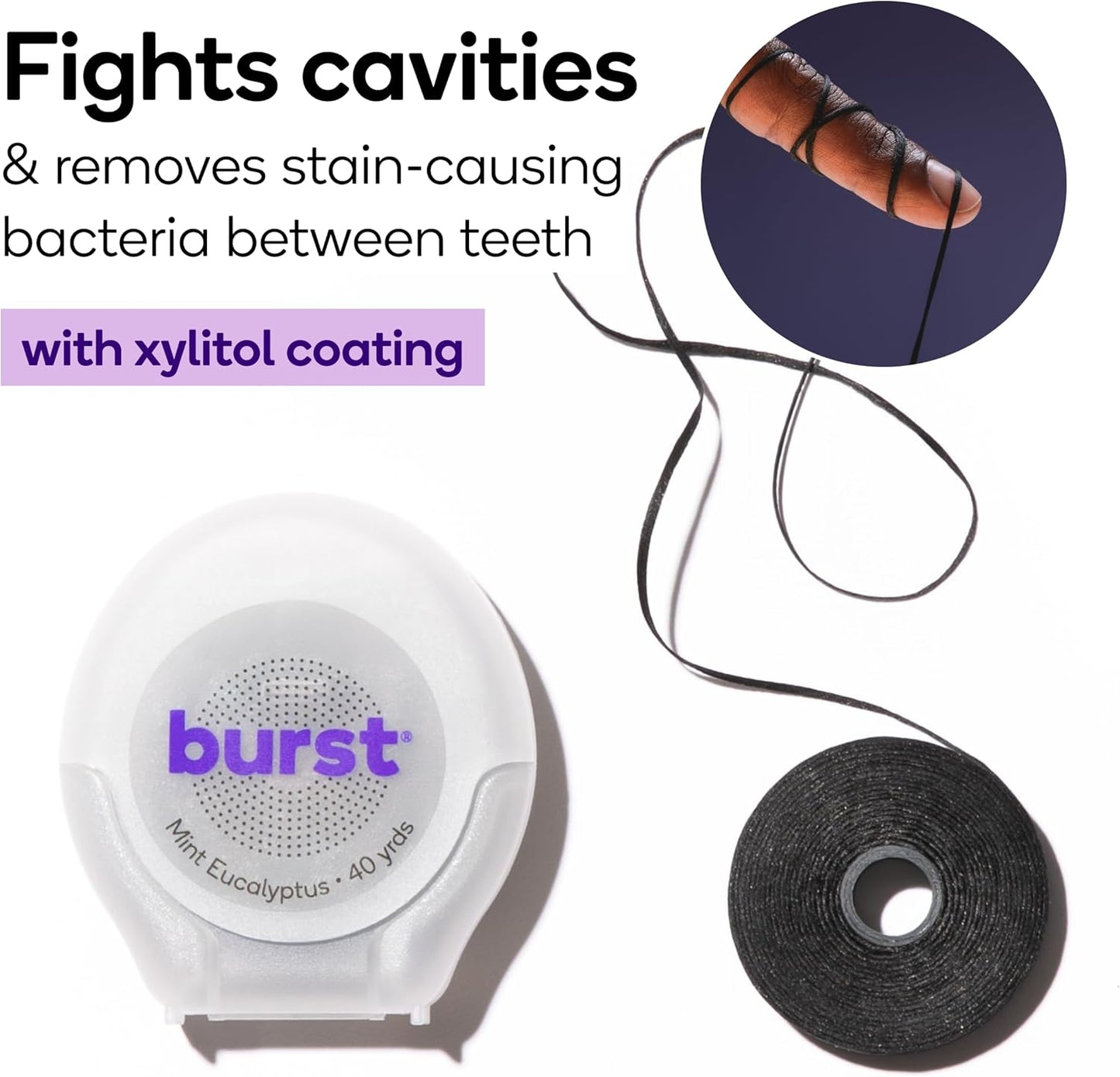 BURST Expanding Dental Floss (Mint Eucalyptus/40 Yards) | Stain Absorbing & Woven with Xylitol Coating to Fight Cavities | Vegan | Paraben Free