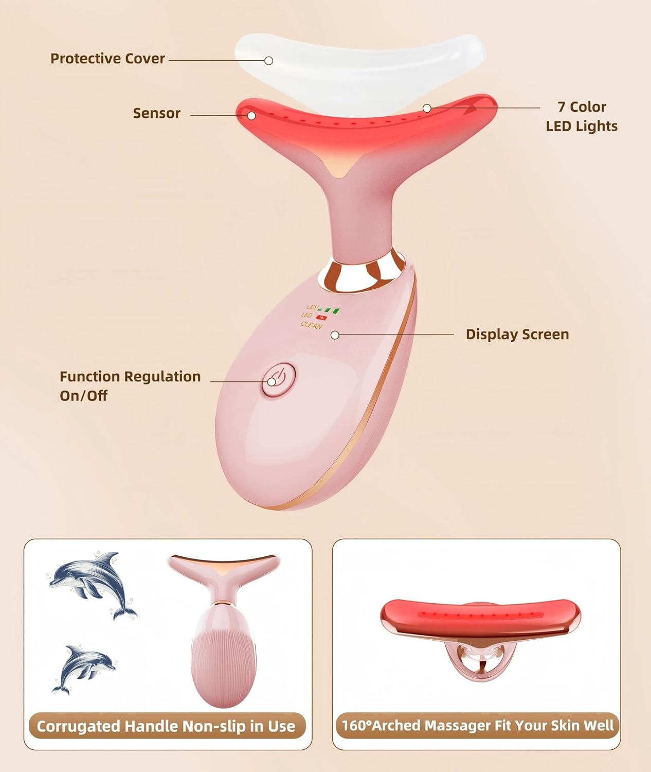7 Color Face and Neck Massager Light Therapy, Red Light Based Facial Massager for Skin Care, Firming, Smoothing (Rose Golden)