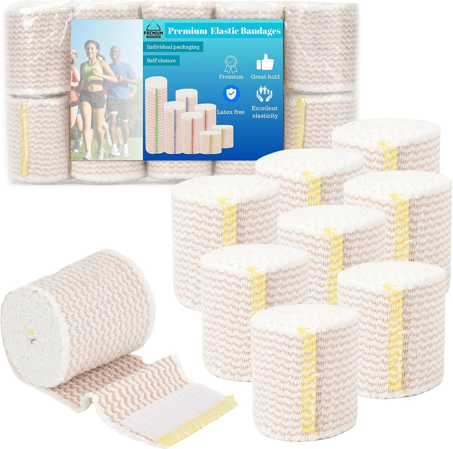 Premium Elastic Bandage Wrap 2 inch 10 Pack Reusable Versatile Self-Closing Compression Bandage Wraps for Ankles, Wrists Knee, Tummy and Body Cotton Lymphedema Wraps for Legs Latex-Free
