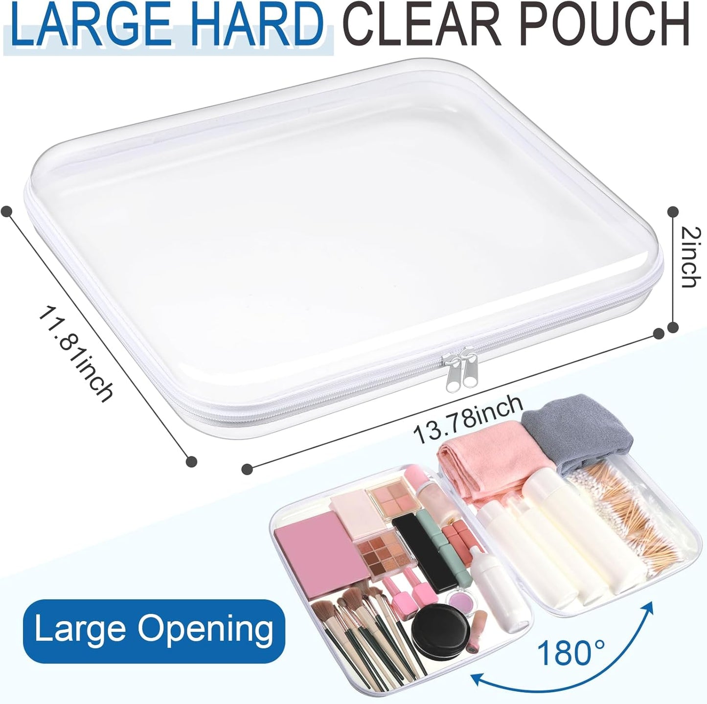 Sanwuta 6 Pcs Clear Hard Zipper Case Pencil Pouches Hard Plastic Zipper Pouches Makeup Bag Transparent Cases for Snacks Plastic Storage Organizer Box for Travel(White,13.78 x 11.81 x 2 Inch)