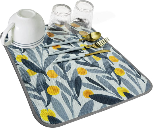 SHIYUE Dish Drying Mat for Kitchen Counter Super Absorbent Spring Kitchen Decor Microfiber Drying Matainers Rack Fast Pad Dish Drainer Mats(Watercolor Leaves,16''x18'')