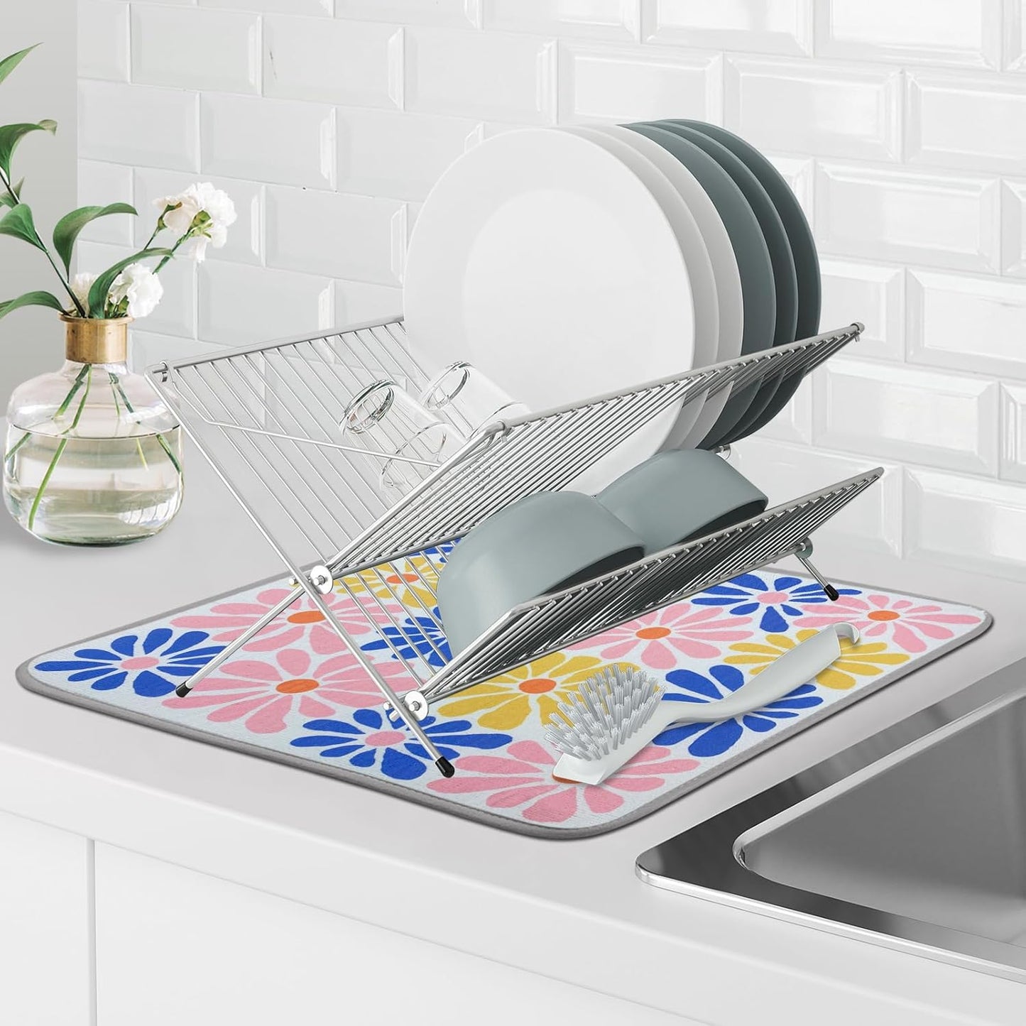 SHIYUE Dish Drying Mat for Kitchen Counter Super Absorbent Spring Kitchen Decor Microfiber Drying Matainers Rack Fast Pad Dish Drainer Mats(Color Flower,16''x18'')