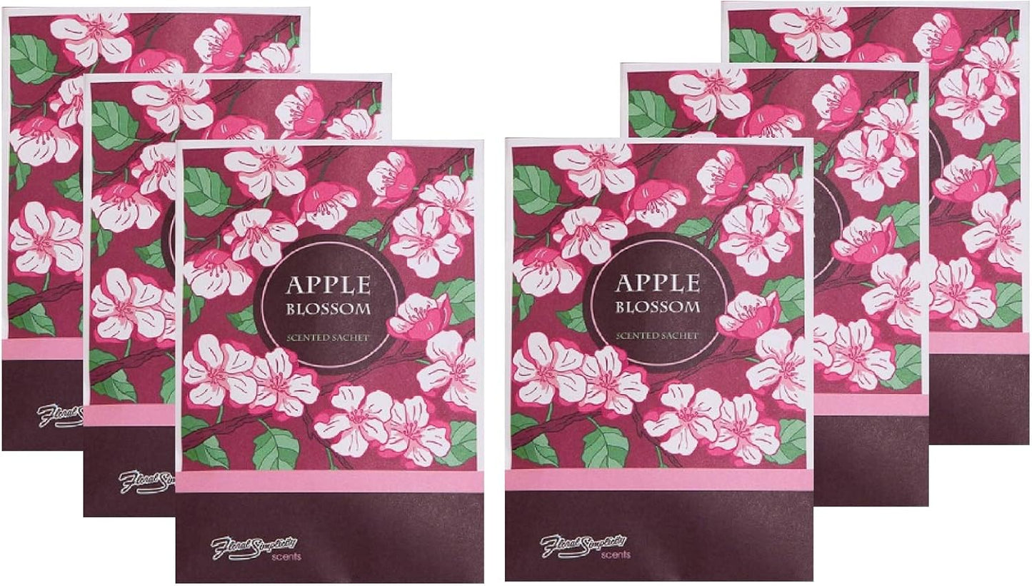 Floral Simplicity Apple Blossom Scented Sachets Pack of 6, Fall & Winter - Long-Lasting Scented Bags, Home Fragrance, Air Freshener & Deodorizer for Closet, Room, Drawer, or Cars, Made in The USA