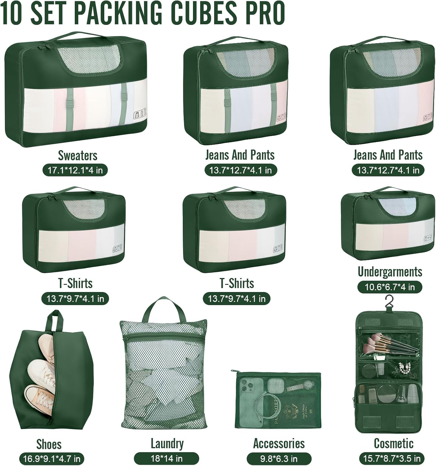 Veken 10 Set Packing Cubes for Travel Essential, Suitcase Organizer Bags in 4 Sizes, Carry-On Luggage Accessories with Large Laundry & Hanging Toiletry Bag, Must-Have for Airplane, Road Trip & Camping