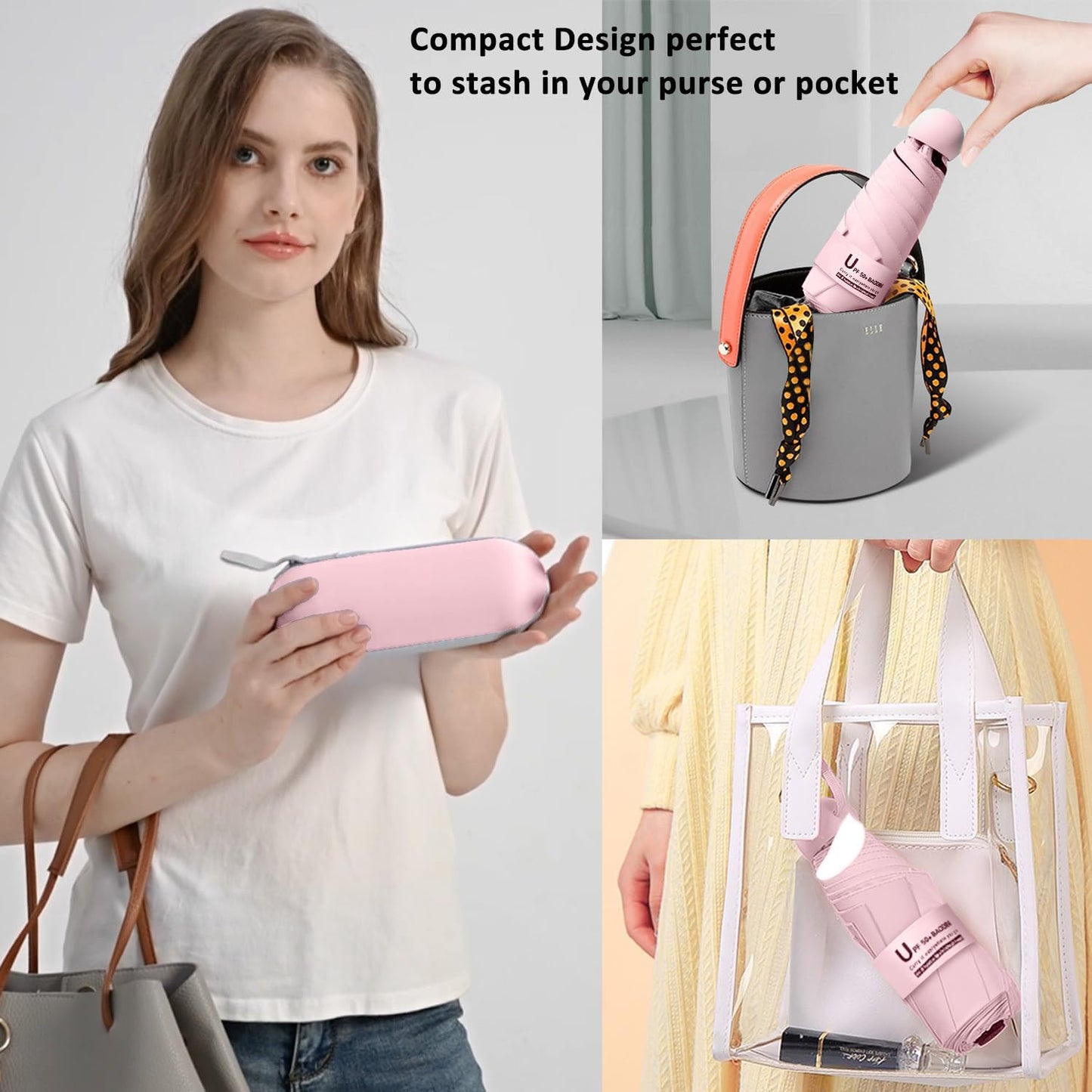 BAODINI Travel Essentials Mini Umbrella for Purse With Case Small Compact UV Sun Protection Lightweight Tiny Pocket Manual Open Close Umbrella for Women Kids and Men Fit Purse Backpack